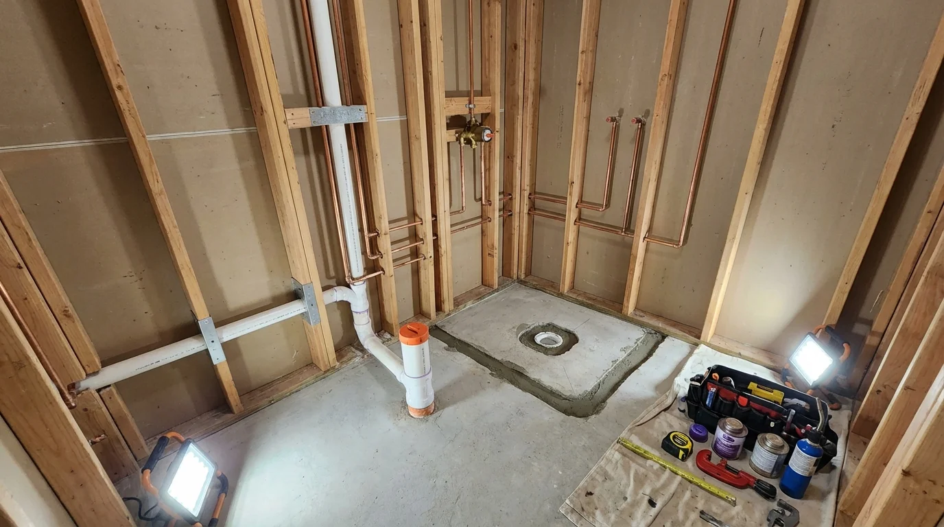 Bathroom rough-in plumbing during remodel by Johns Plumbing LLC in Landing