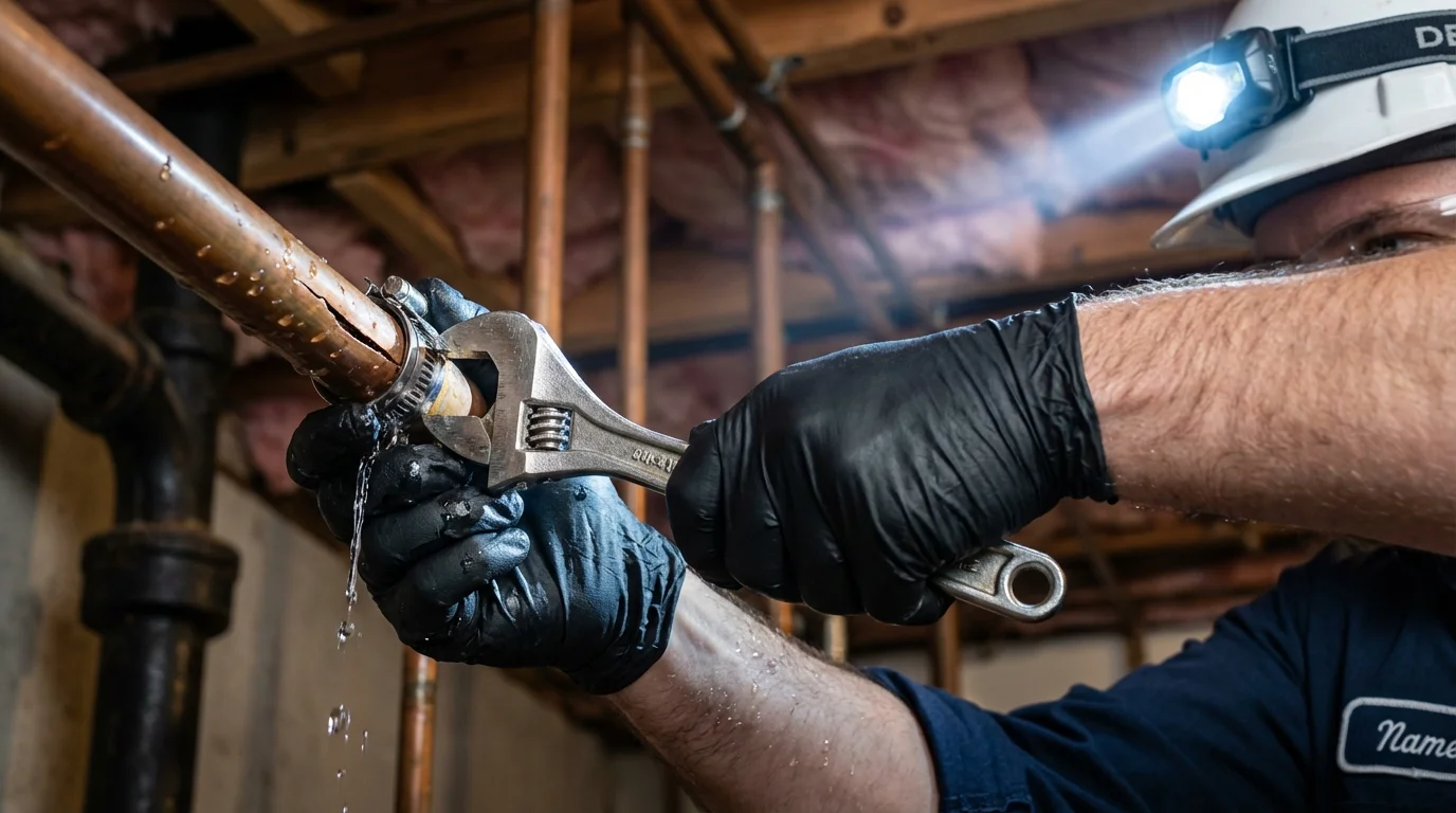 Emergency pipe clamp repair being performed by a Johns Plumbing LLC plumber in Landing