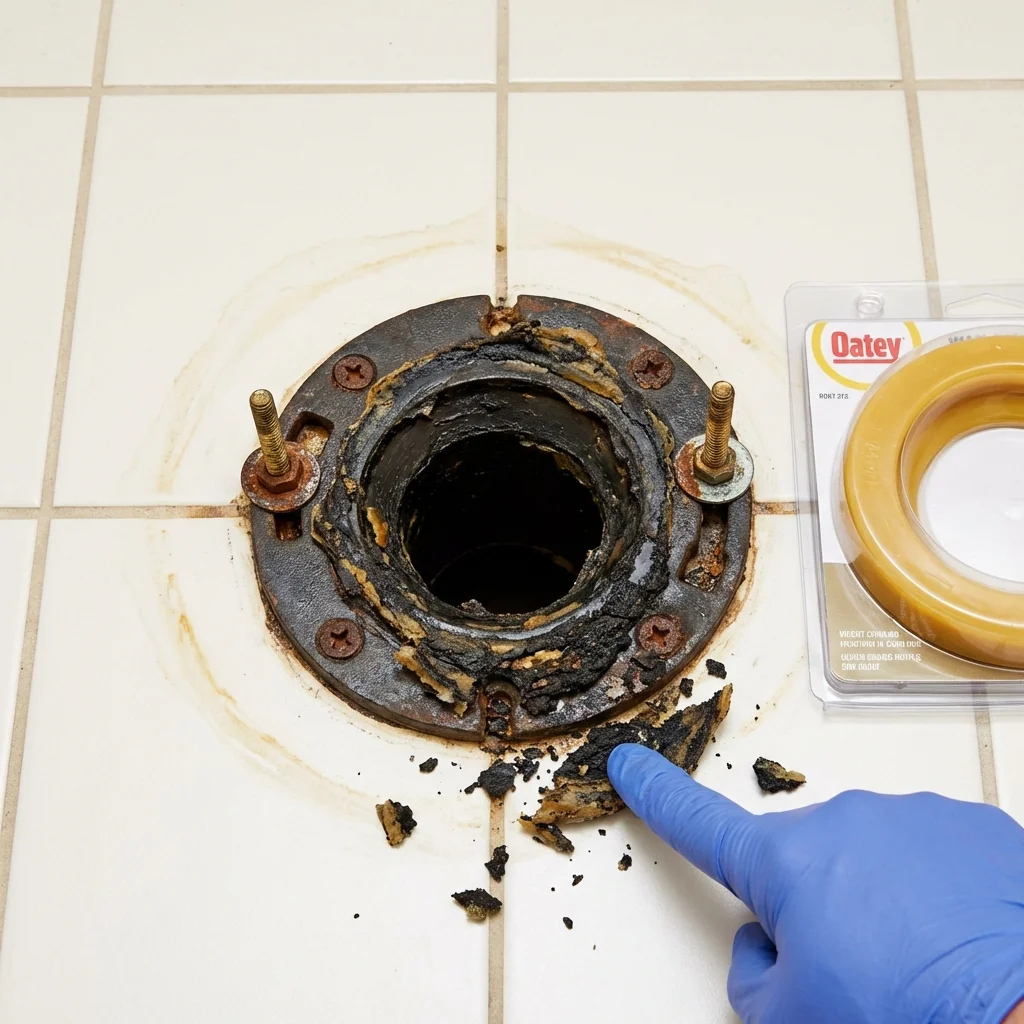 Failed wax ring showing water seepage at the base of a toilet in a Landing, NJ home