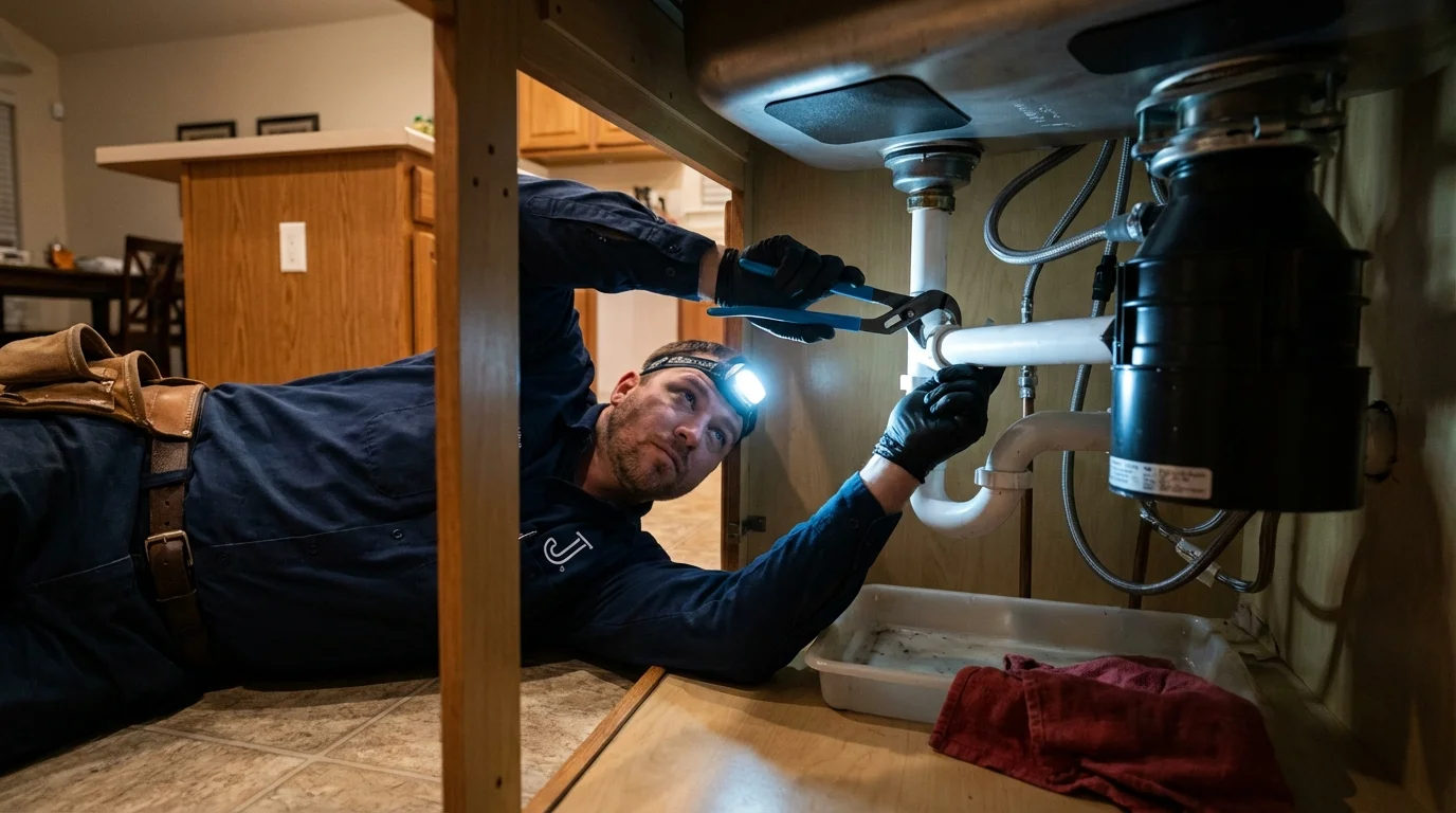 P-trap and supply line connections under a kitchen sink showing a common leak point in Landing, NJ